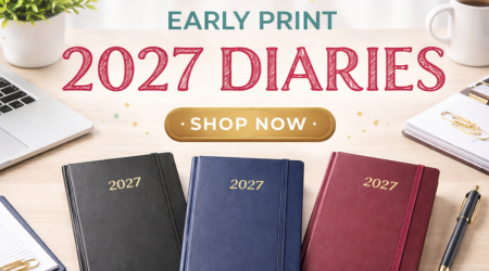 Professional office desk banner featuring black, blue, and burgundy 2027 diaries with \u201cEarly Print 2027 Diaries\u201d and a shop now call-to-action.